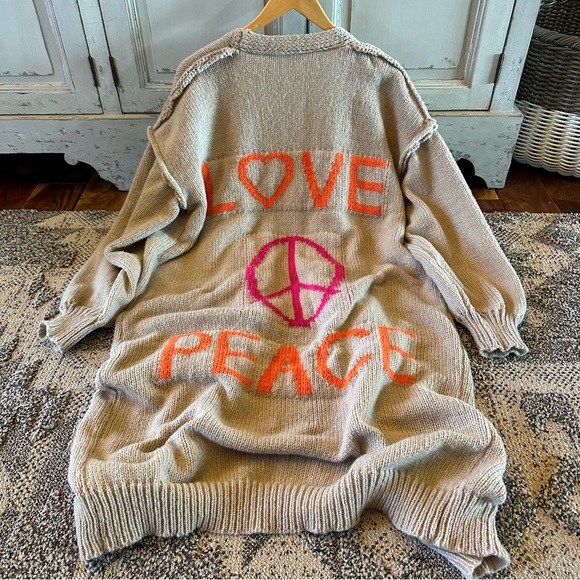 New Oversized Long Peace & Love Sweater Jacket Duster Chunky Knit 90s - Picture 8 of 10